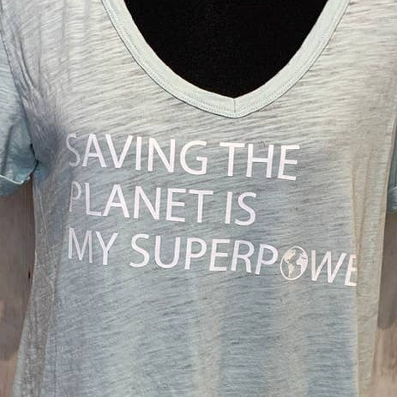Hand Printed Upcycled Medium Saving the Planet is My Superpower Short Sleeve Tee