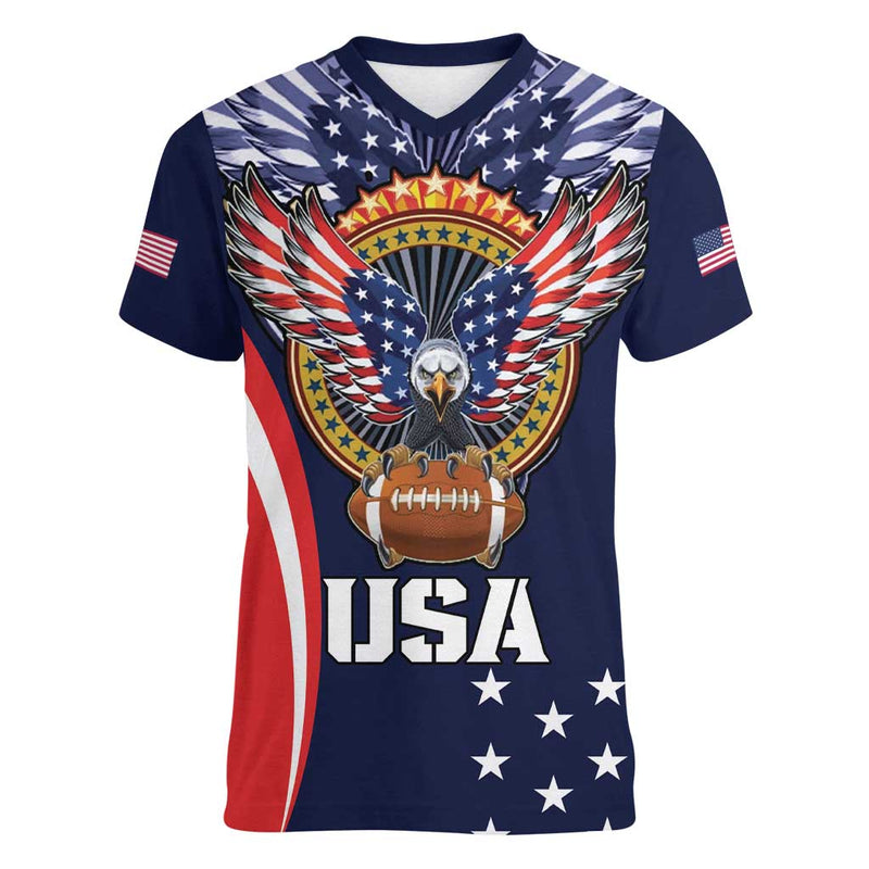 Custom USA Rugby Women V-Neck T-Shirt American Eagle With USA Flags LT18