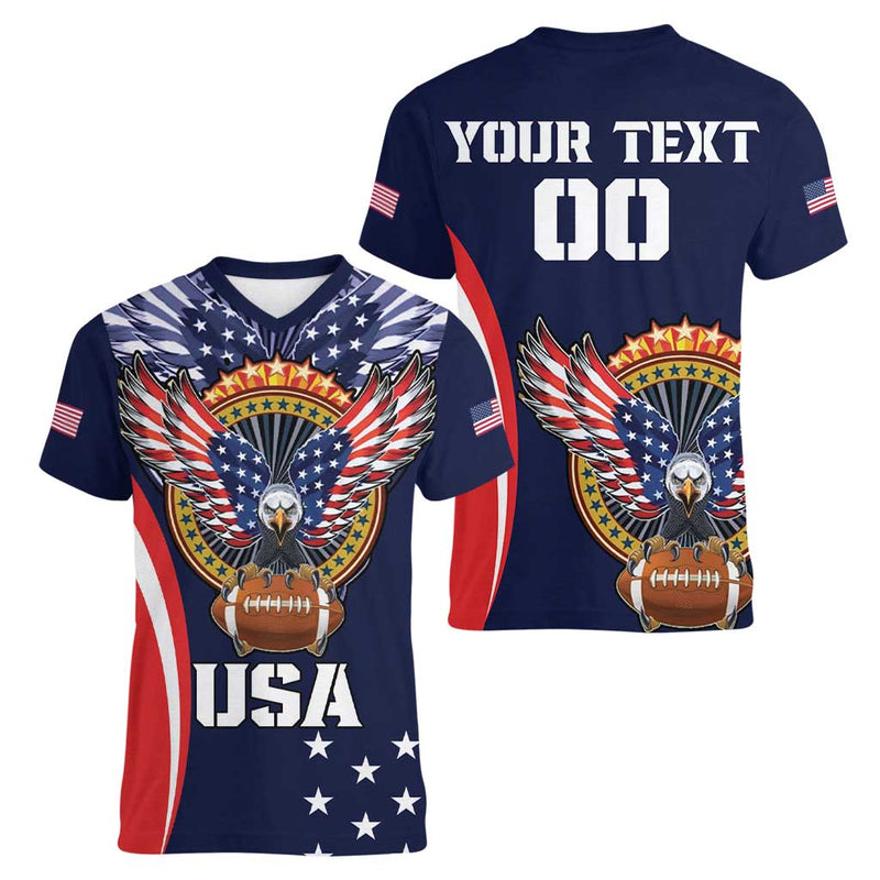 Custom USA Rugby Women V-Neck T-Shirt American Eagle With USA Flags LT18