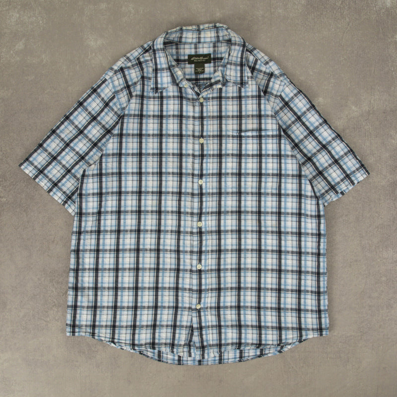 MEN'S VINTAGE EDDIE BAUER SEERSUCKER SHORT SLEEVE SHIRT - LARGE