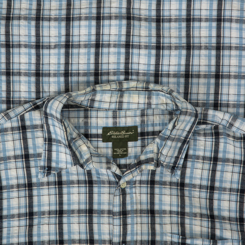 MEN'S VINTAGE EDDIE BAUER SEERSUCKER SHORT SLEEVE SHIRT - LARGE