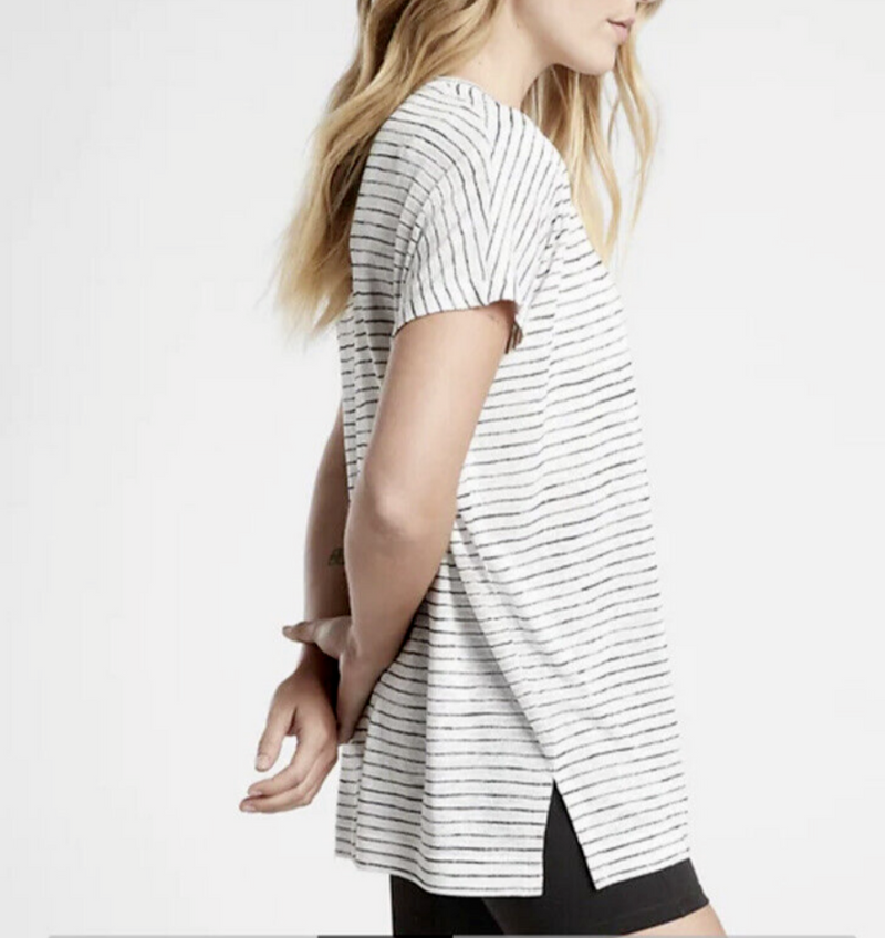 Athleta White Black Striped Scoop Short Sleeve Release Breezy Tee