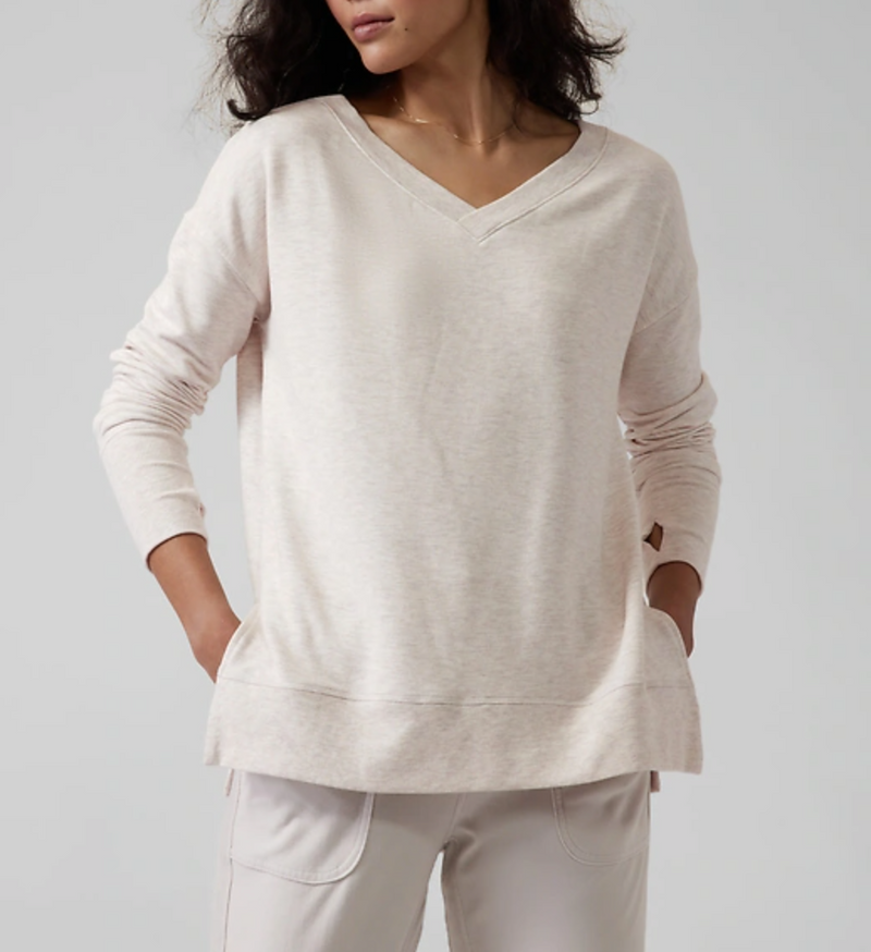 Athleta Toasted Brown Heather Soft Coaster Luxe V-Neck Sweatshirt