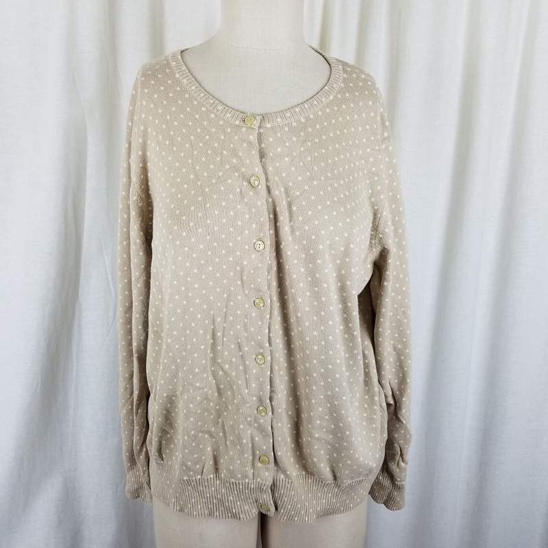 LL Bean Polka Dot Knit Sweater Womens 1X Twinset Look Button Up Cardigan Plus