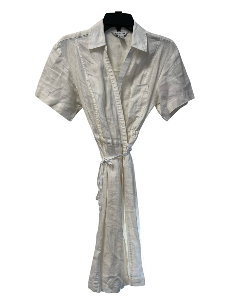 Athleta Size 0 White Linen Short Sleeve Tie at Waist Pockets Midi Dress