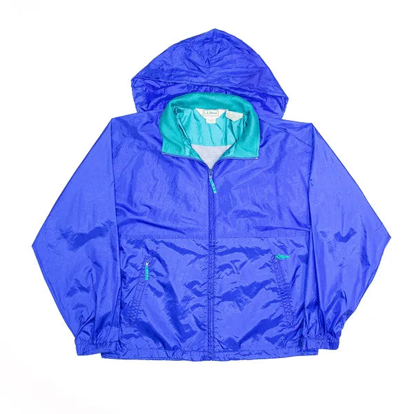 LL BEAN Blue 90s Hooded Nylon Lightweight Windbreaker Jacket Womens L