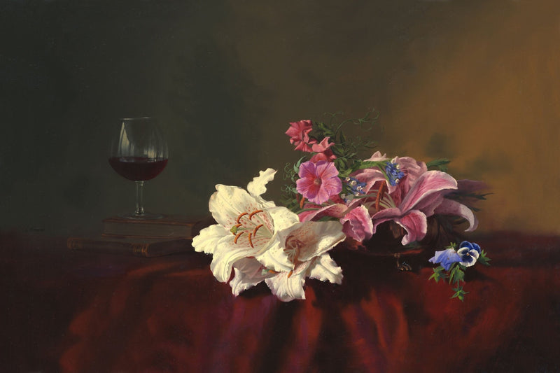 Elegant Floral Still Life: Blooms, Wine Glass & Rich Textures Oil Painting