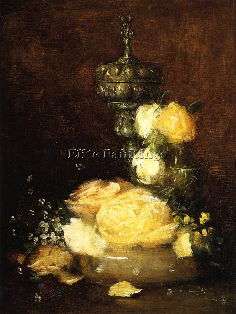 WEIR JULIAN ALDEN SILVER CHALICE WITH ROSES ARTIST PAINTING HANDMADE OIL CANVAS
