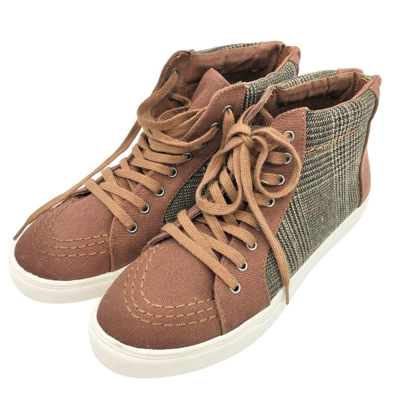 American Eagle Brown Plaid Hi Top Sneakers Womens 10 Zip Back Tie Front