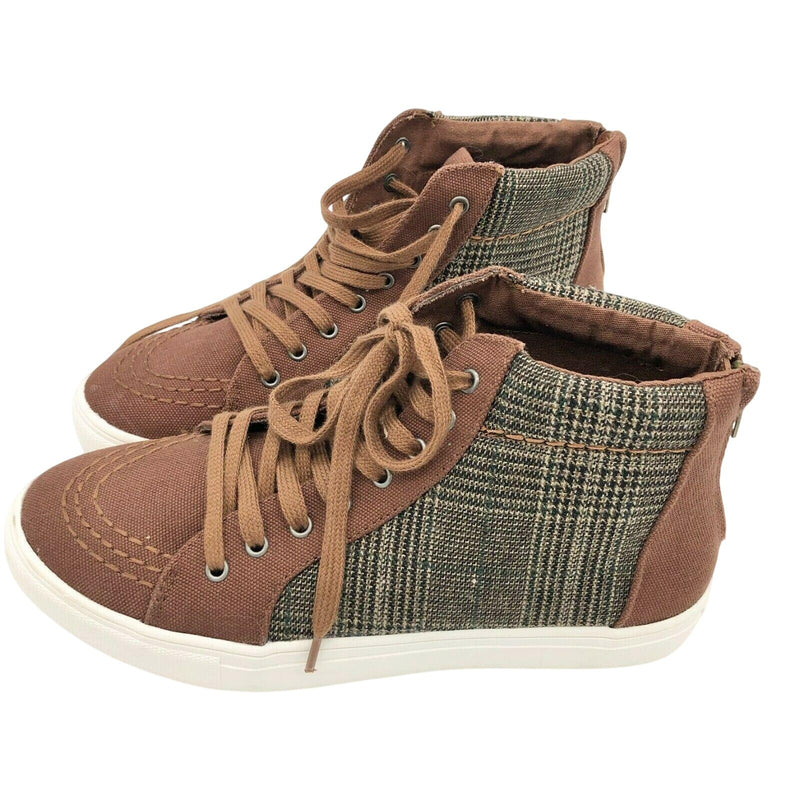 American Eagle Brown Plaid Hi Top Sneakers Womens 10 Zip Back Tie Front