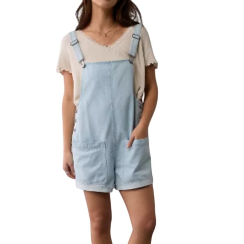 New American Eagle Womens Medium Easy Baggy Denim Short Overalls Shortalls