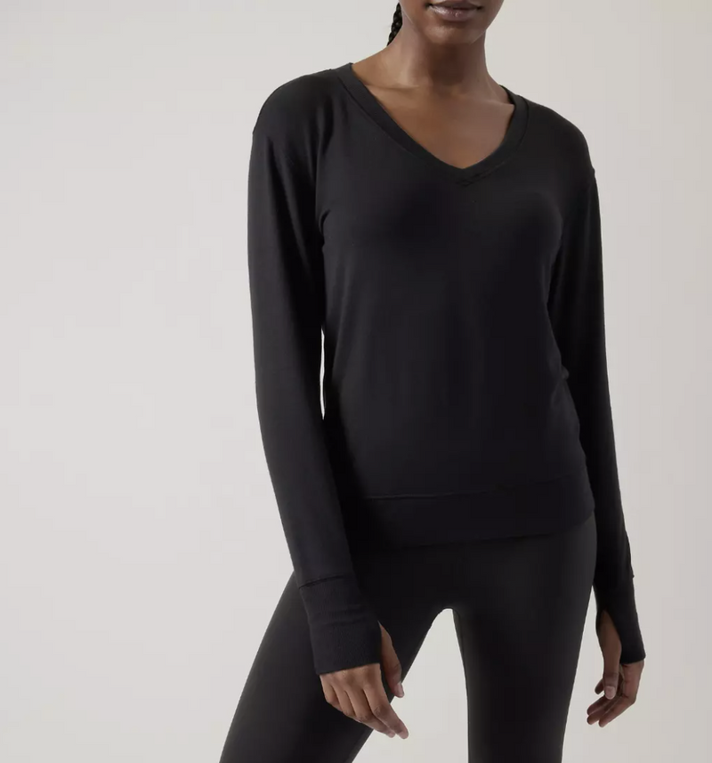 Athleta Black Long Sleeve Sunrise V-neck Sweatshirt