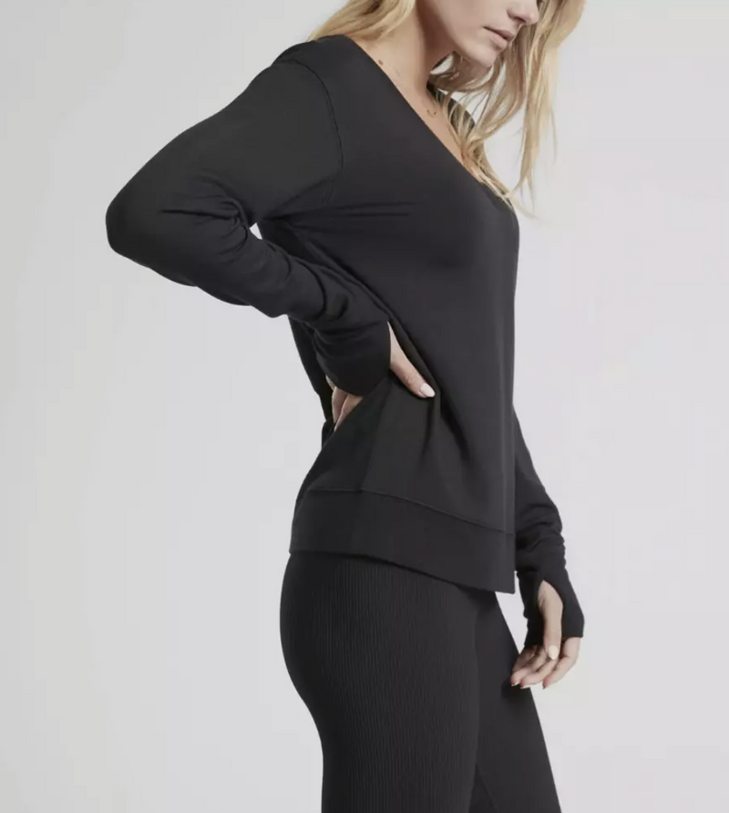 Athleta Black Long Sleeve Sunrise V-neck Sweatshirt