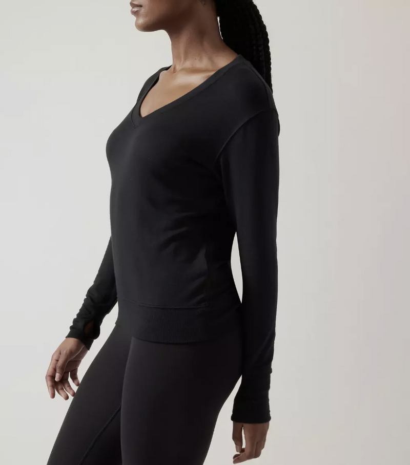 Athleta Black Long Sleeve Sunrise V-neck Sweatshirt