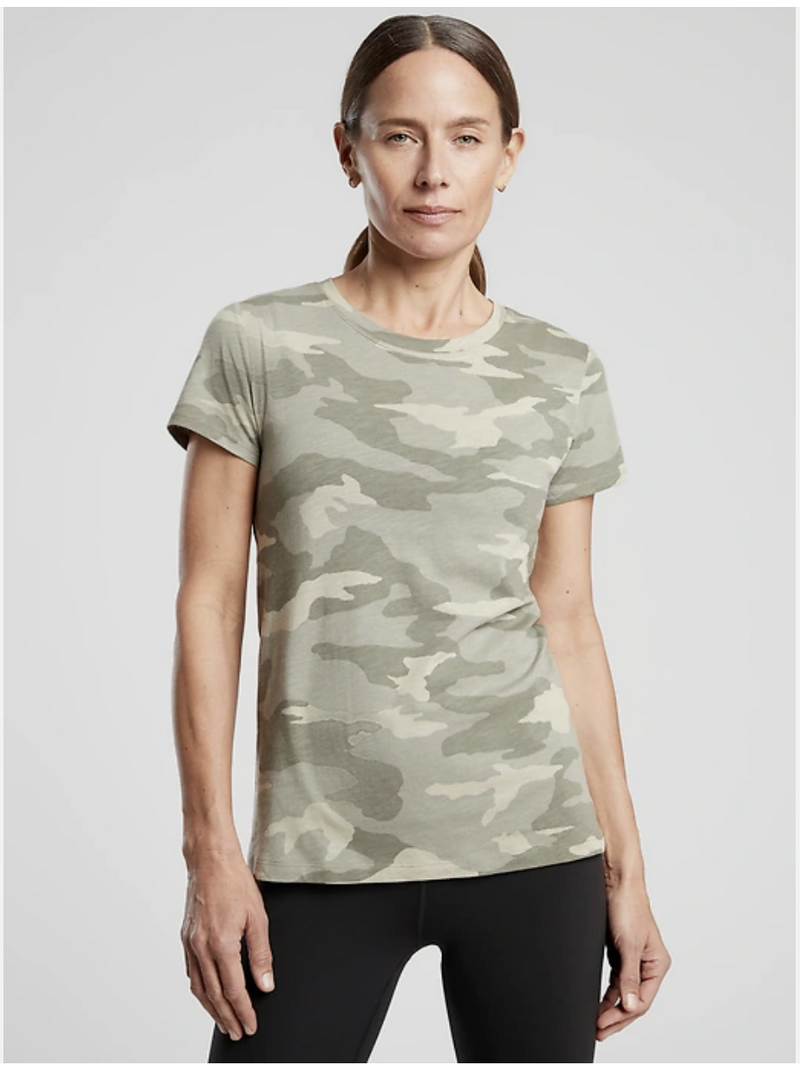 Athleta Laurel Olive Camo Print Short Sleeve Organic Daily Crew Tee