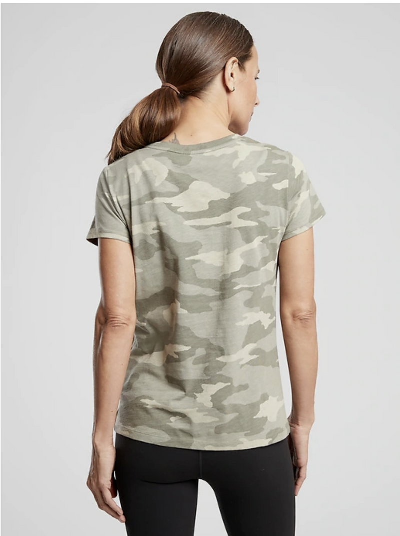 Athleta Laurel Olive Camo Print Short Sleeve Organic Daily Crew Tee