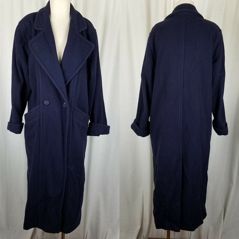 LL Bean Wool Peacoat Long Maxi Womens M L Vintage 80s Oversized Baggy Navy Blue