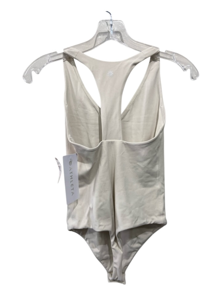 Athleta Size S Cream Nylon Blend V Neck Racerback Thong Athletic Bodysuit