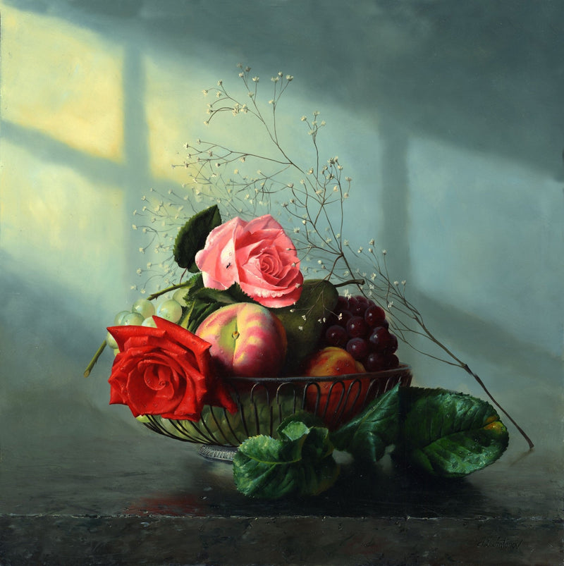 Still Life with Roses, Fruits & Sunlight Oil Painting