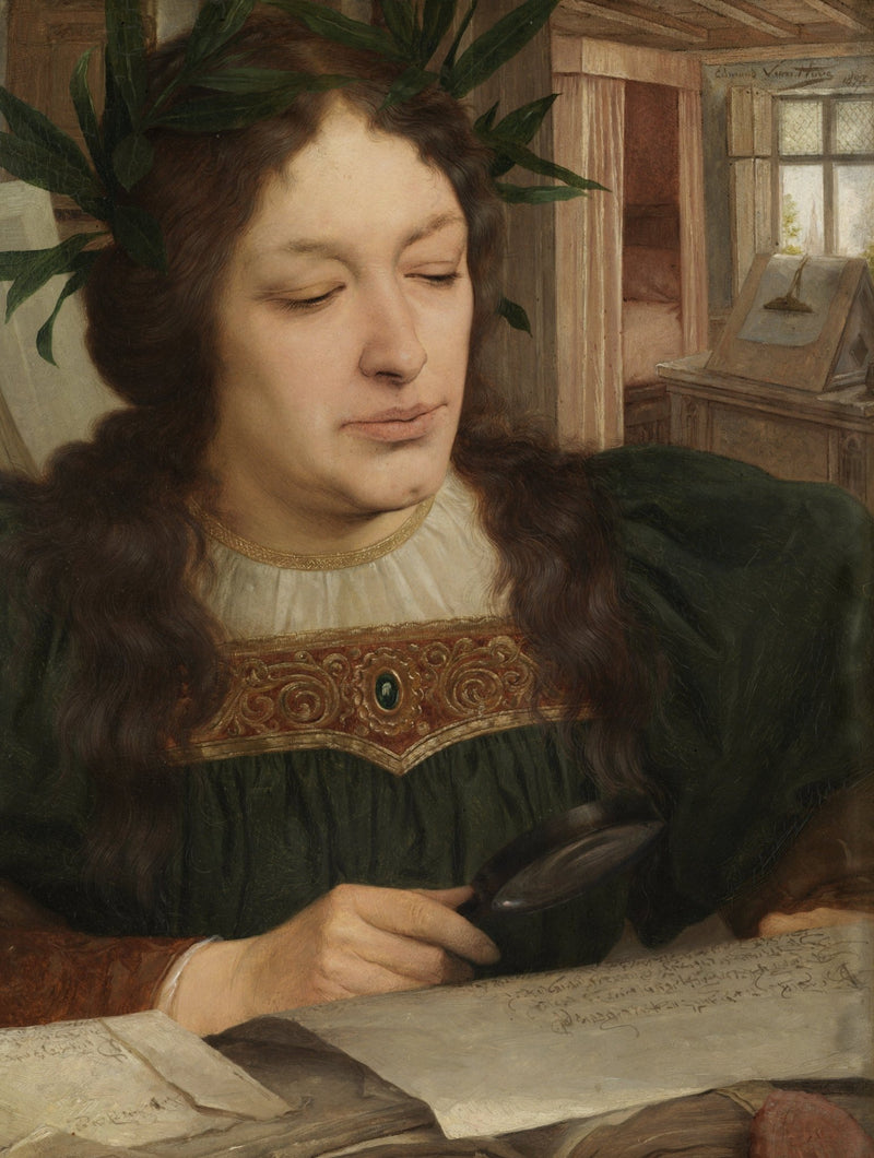 Figure with Magnifying Glass and Laurel Wreath