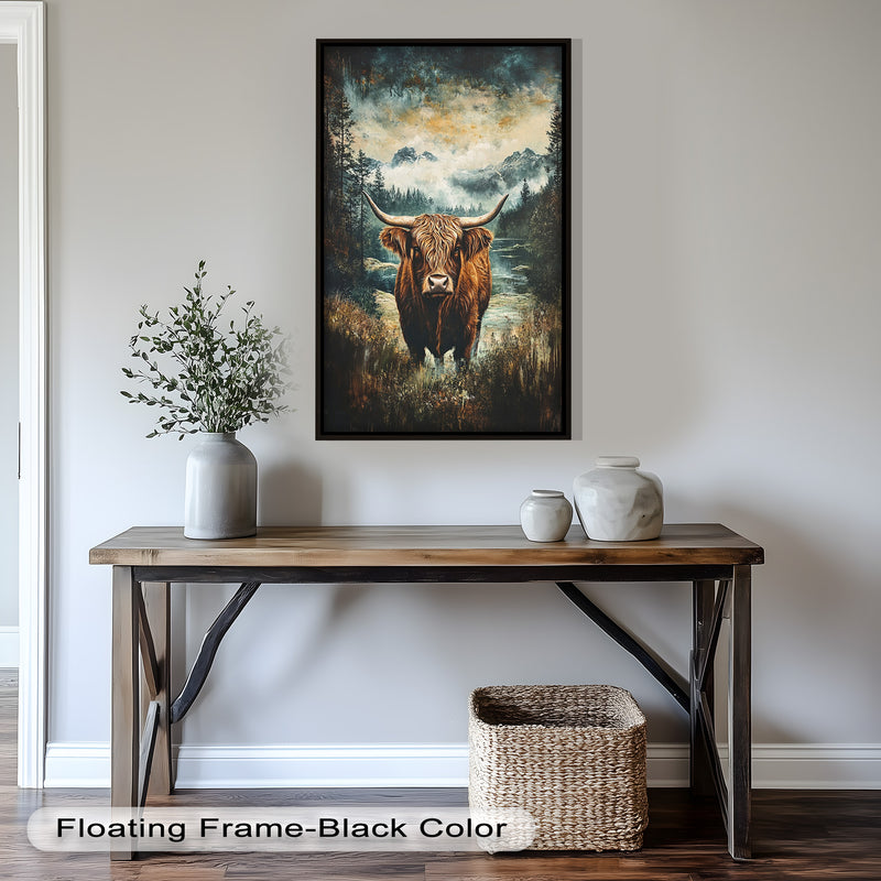 Highland Cow in Misty Pines – Wilderness Oil Painting
