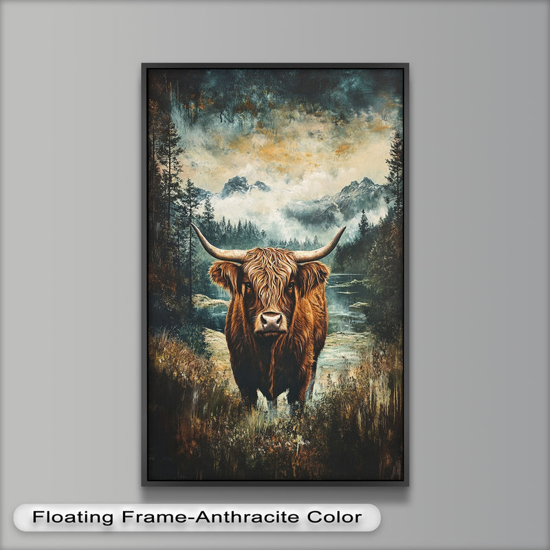 Highland Cow in Misty Pines – Wilderness Oil Painting