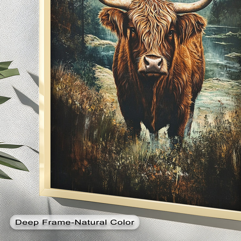 Highland Cow in Misty Pines – Wilderness Oil Painting