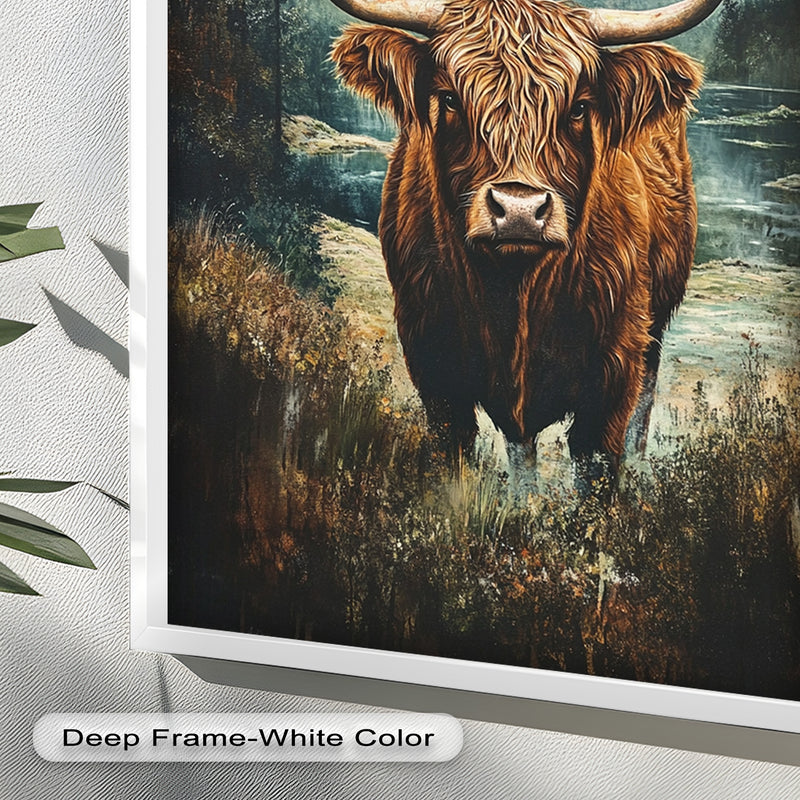 Highland Cow in Misty Pines – Wilderness Oil Painting