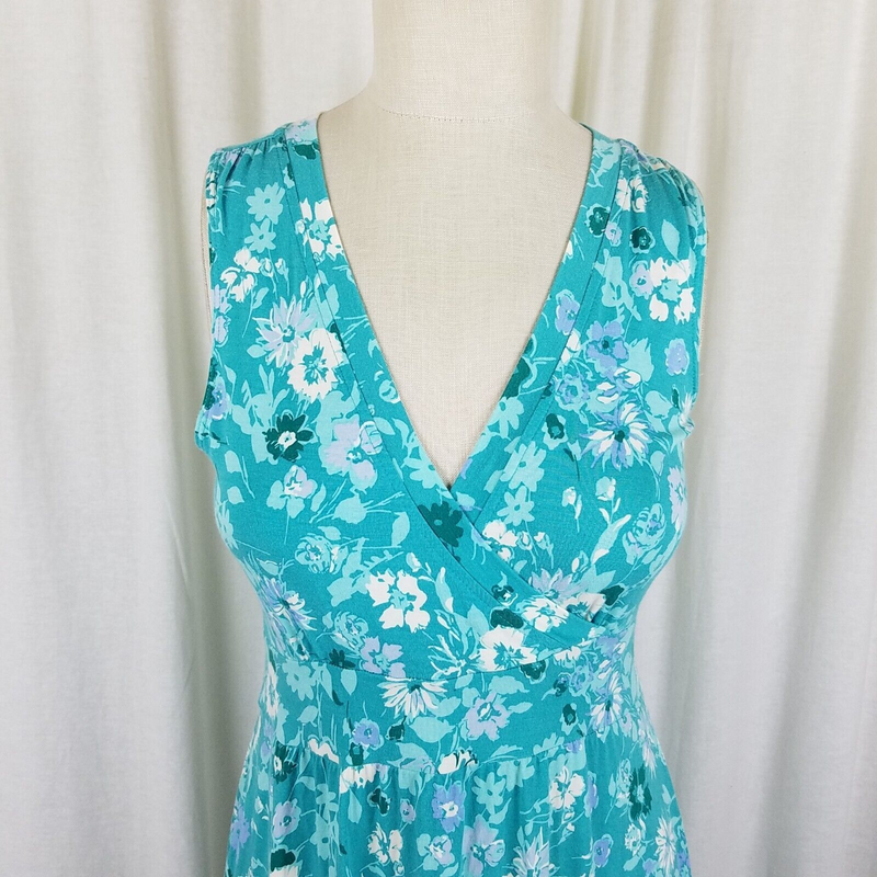 LL Bean Stretch Faux Wrap Floral Summer Twirl Dress Womens XS Banded Waist Green