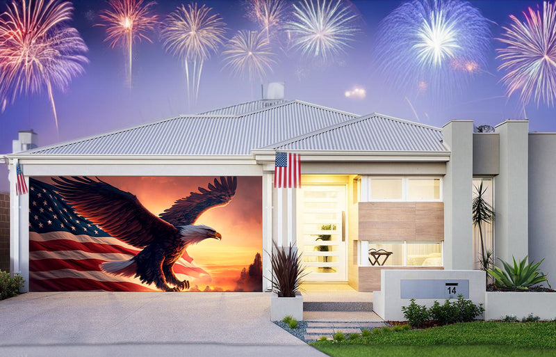 American Eagle And The Flag Of The United States Of America Garage Door Cover Banner