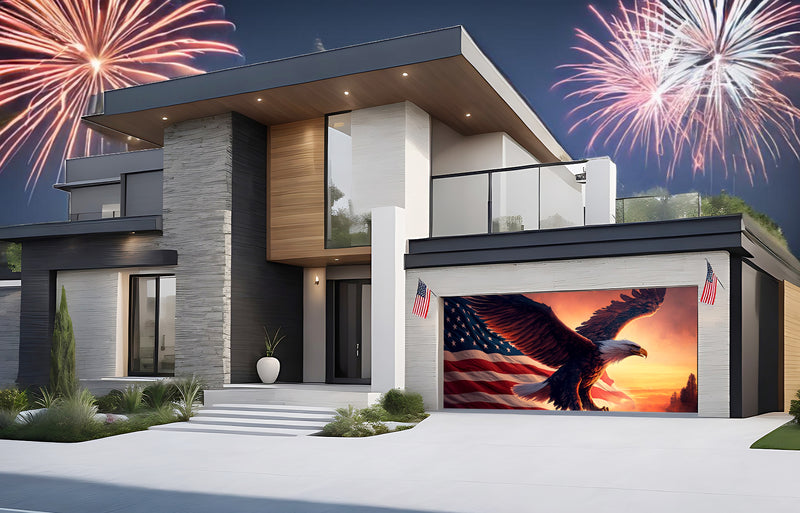 American Eagle And The Flag Of The United States Of America Garage Door Cover Banner
