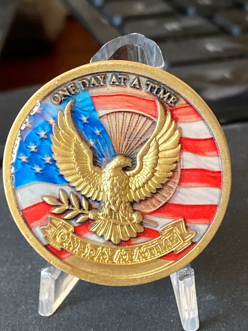 American Eagle USA Flag Patriotic One Day At A Time Medallion Serenity Prayer Chip