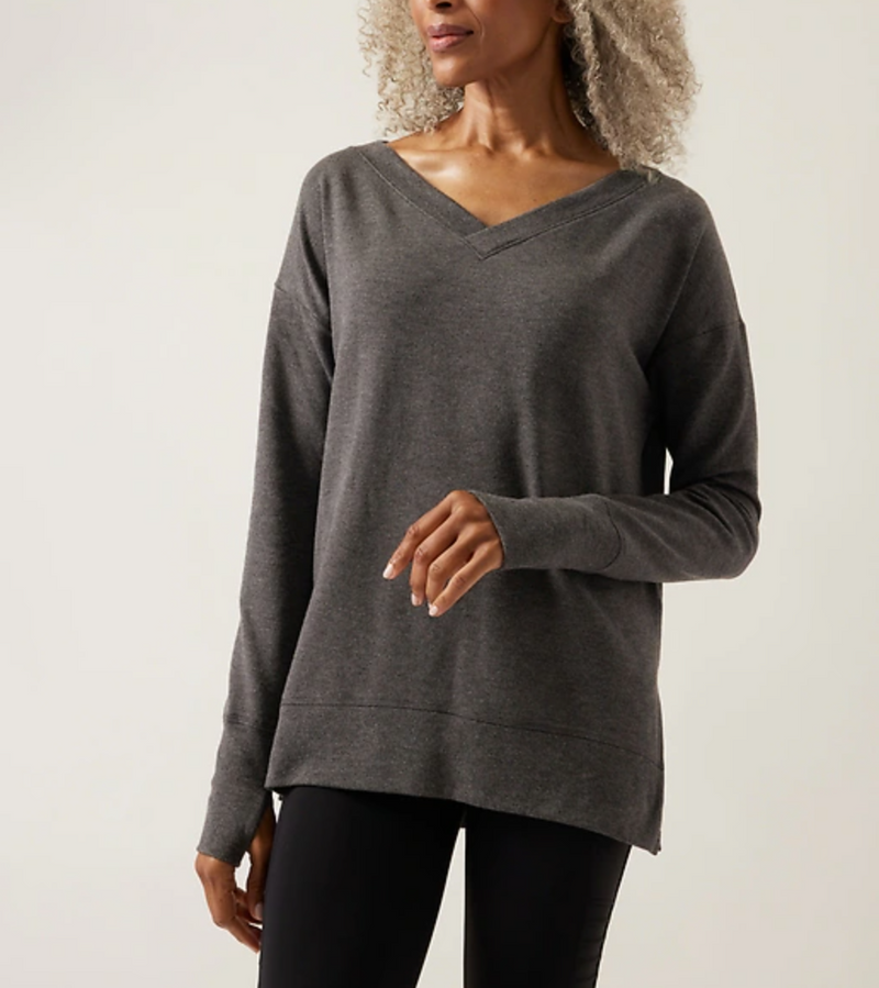 Athleta Charcoal Grey Heather Soft Coaster Luxe V-Neck Sweatshirt