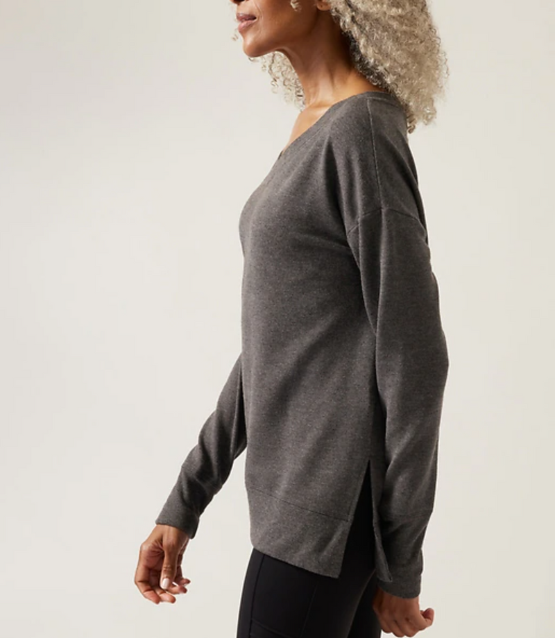 Athleta Charcoal Grey Heather Soft Coaster Luxe V-Neck Sweatshirt