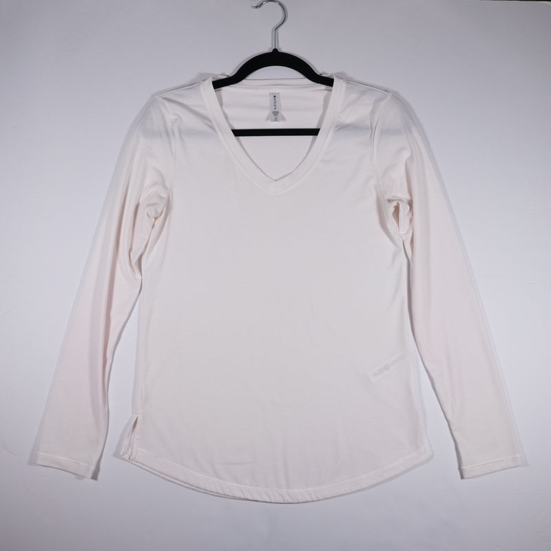 Athleta Essential V Neck Long Sleeve Modal Stretch Casual Tee Shirt Solid White