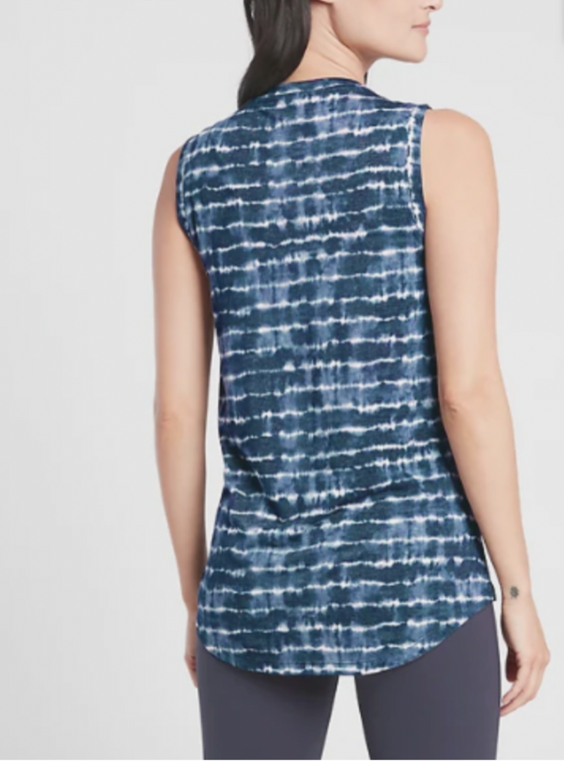 Athleta Navy Blue White Tie-Dye Stripe Sleeveless Breezy Top Tank