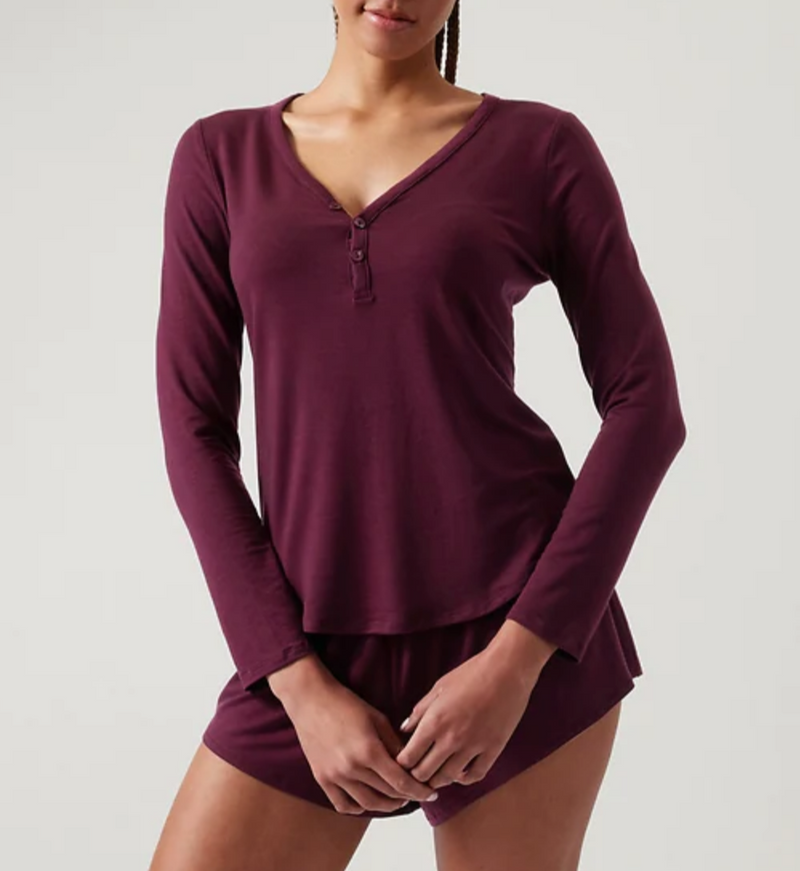 Athleta Deep Burgundy Long Sleeve Henley Nighttime Bliss Sleep Top