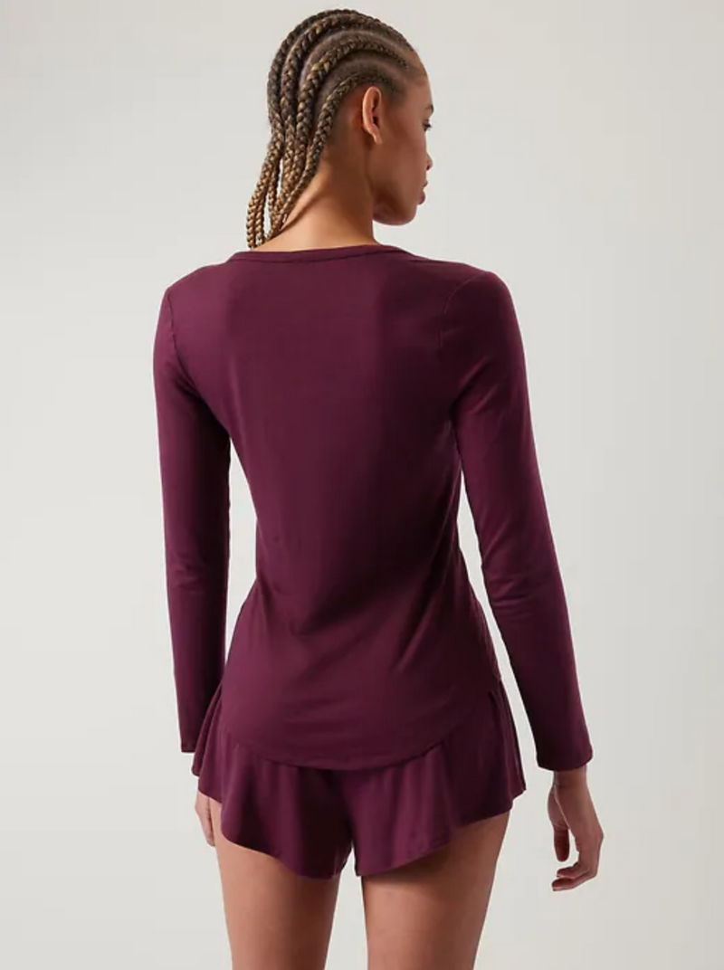 Athleta Deep Burgundy Long Sleeve Henley Nighttime Bliss Sleep Top