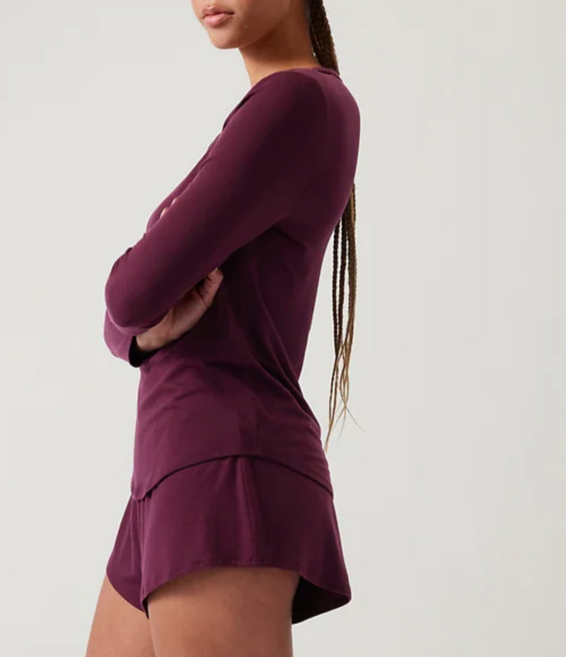 Athleta Deep Burgundy Long Sleeve Henley Nighttime Bliss Sleep Top