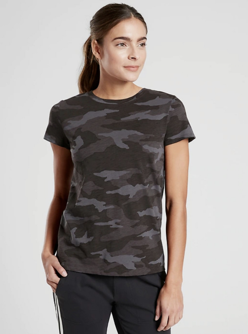 Athleta Black Camo Print Short Sleeve Organic Daily Crew Tee