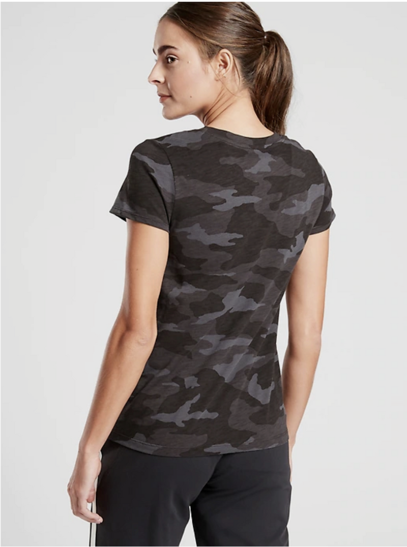 Athleta Black Camo Print Short Sleeve Organic Daily Crew Tee