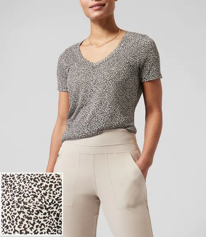 Athleta White Micro Cheetah Scoop V-Neck Short Sleeve Breezy Tee Top