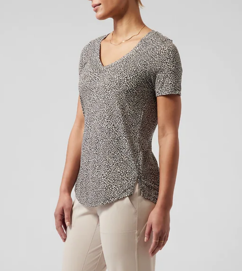 Athleta White Micro Cheetah Scoop V-Neck Short Sleeve Breezy Tee Top