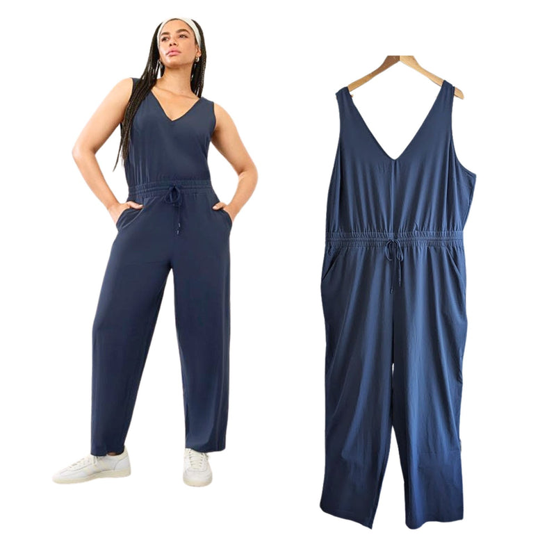 NWT ATHLETA Avenue Navy Blue Sleeveless 4-Pocket Ruched Waist Jumpsuit Size 2X