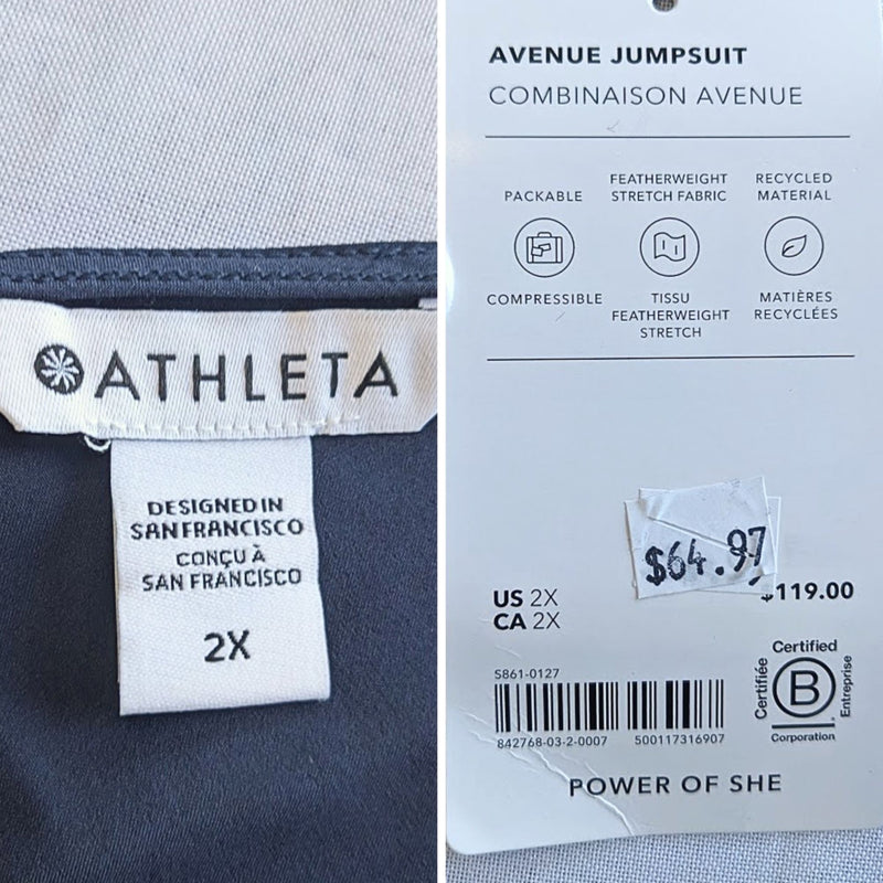 NWT ATHLETA Avenue Navy Blue Sleeveless 4-Pocket Ruched Waist Jumpsuit Size 2X