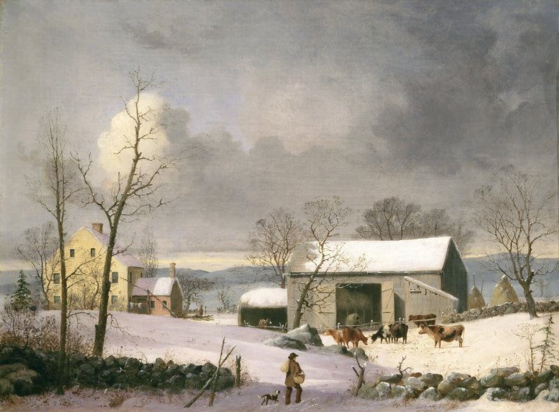 Snowy Rural Farm Winter Scene Oil Painting