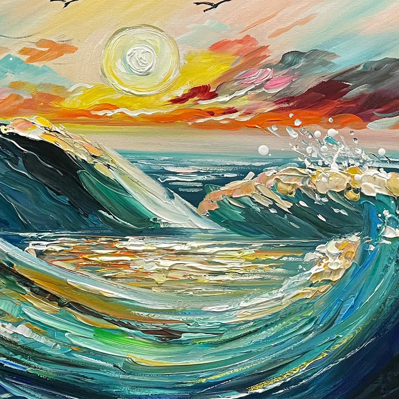 OCEANIC PULSE: Hand-Textured Seascape Oil Painting with Gold Leaf Accents