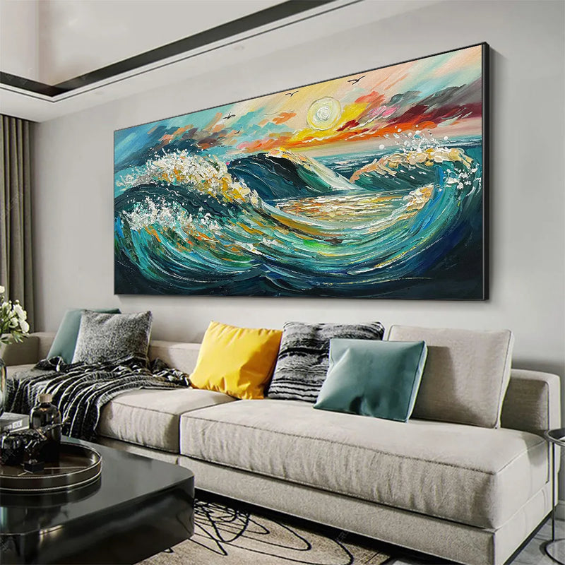 OCEANIC PULSE: Hand-Textured Seascape Oil Painting with Gold Leaf Accents