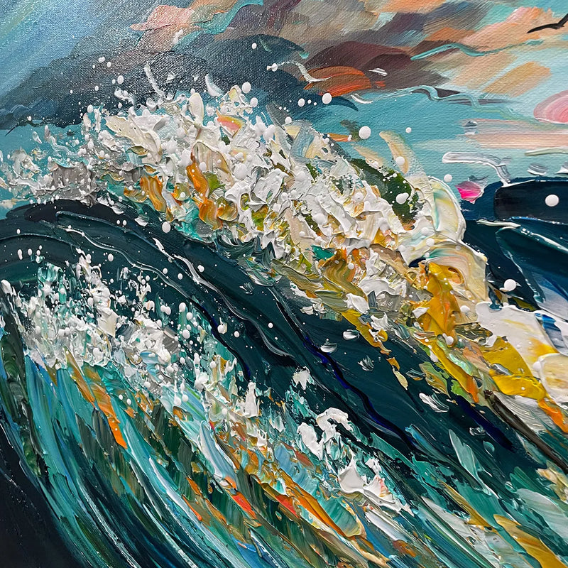 OCEANIC PULSE: Hand-Textured Seascape Oil Painting with Gold Leaf Accents