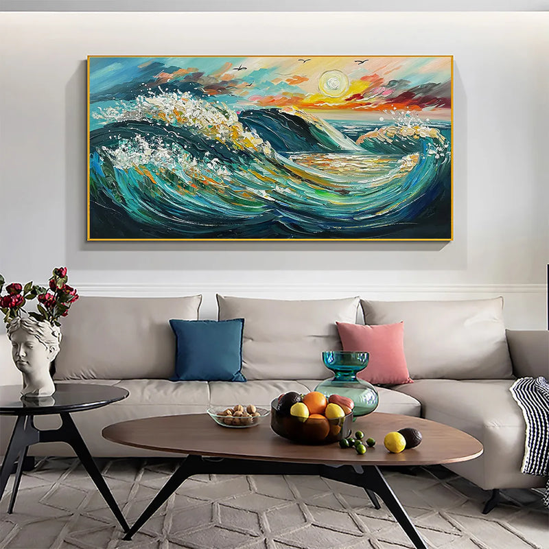 OCEANIC PULSE: Hand-Textured Seascape Oil Painting with Gold Leaf Accents
